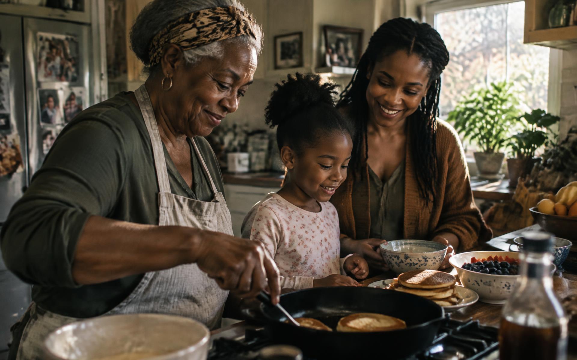 Three generations of a family preparing breakfast together in their kitchen