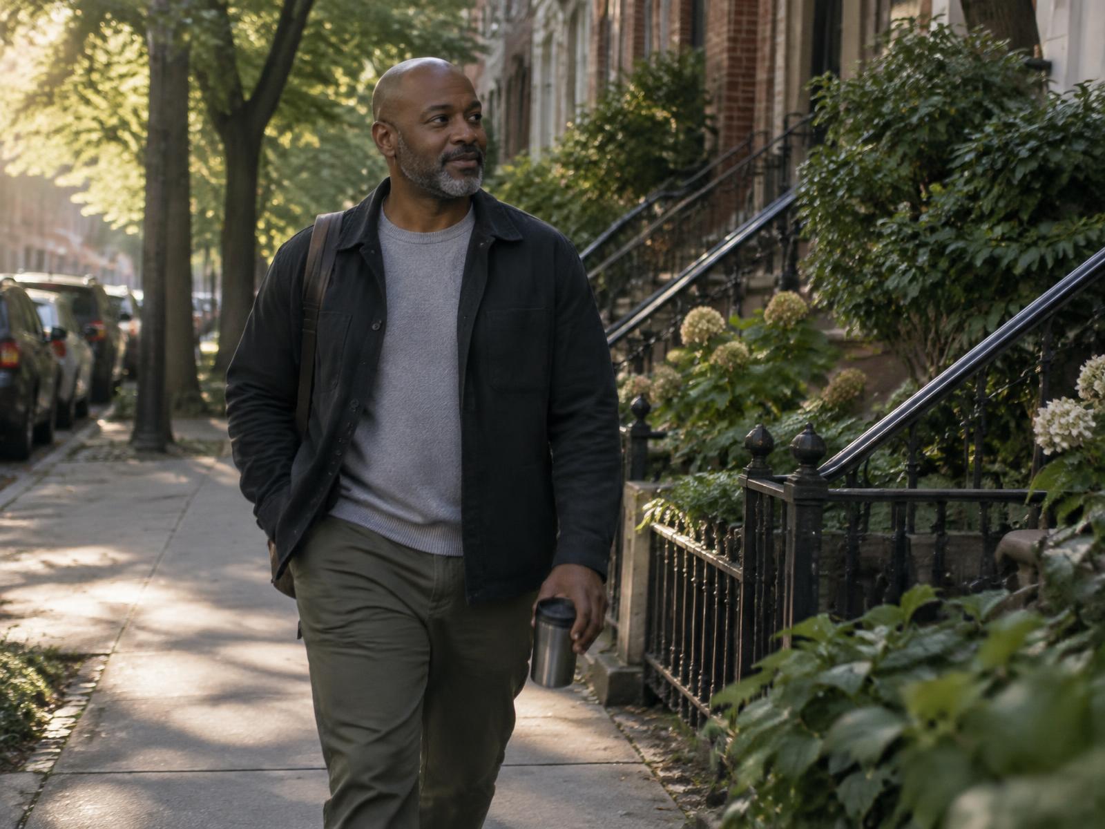 A man walking through his neighborhood in the morning