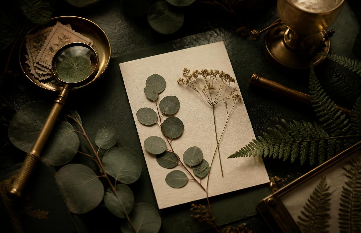 Pressed botanical specimens arranged in an ordered grid