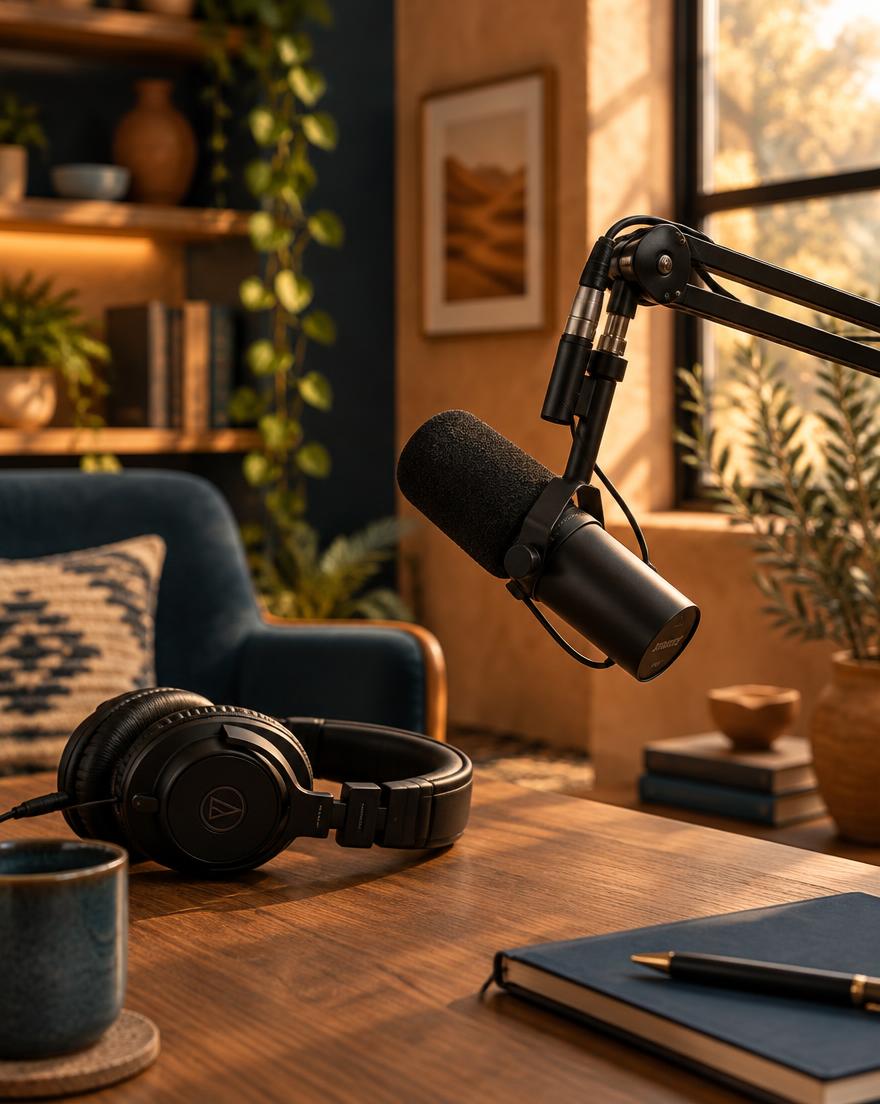 A broadcast microphone and headphones in a warm, softly lit studio